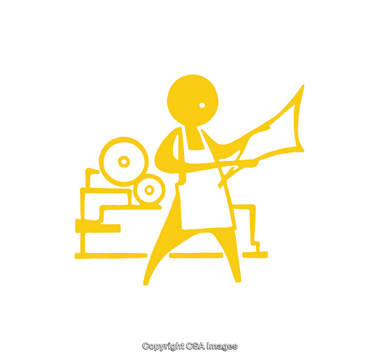 Yellow Simple Icon Depicting a Worker with Machinery and Apron