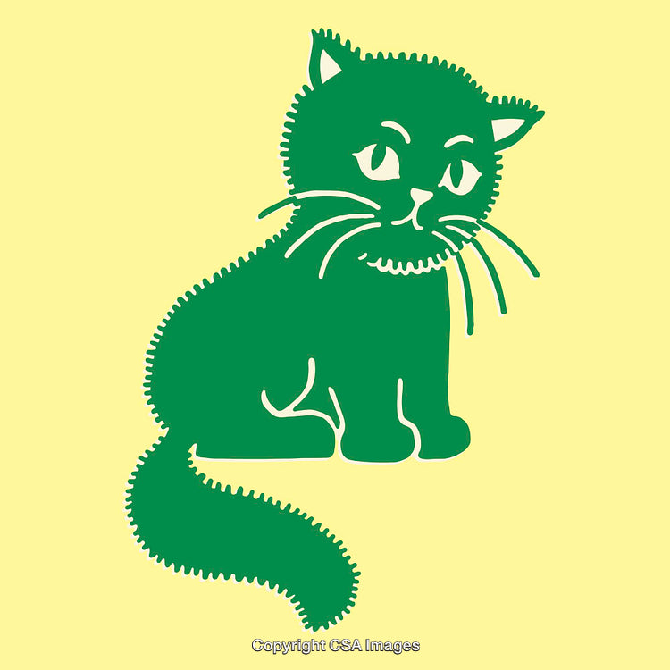 Green Cat Illustration on Pastel Yellow Background Art