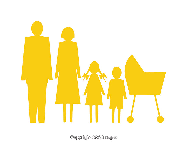 Yellow Silhouette Icon Representing Family Members with Stroller