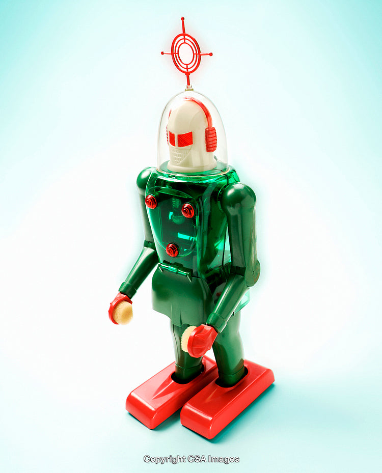 Retro Style Toy Robot with Bright Colors and Futuristic Design