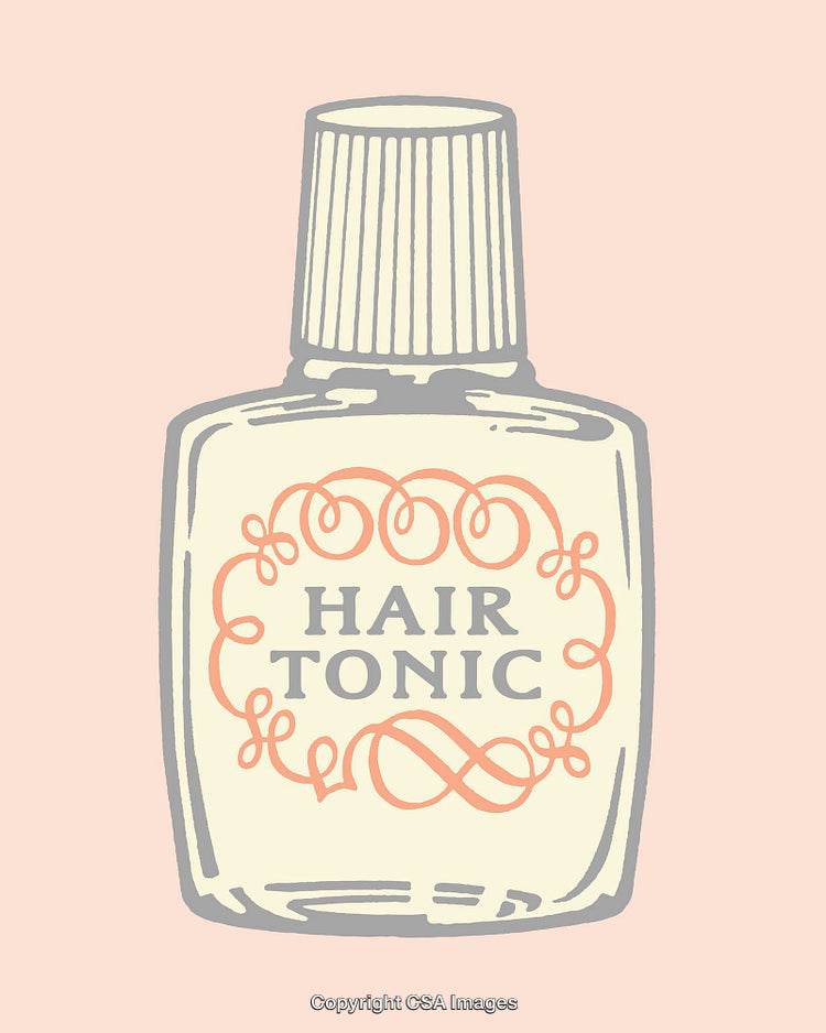 Vintage Hair Tonic Bottle Illustration with Decorative Design on Pastel Background