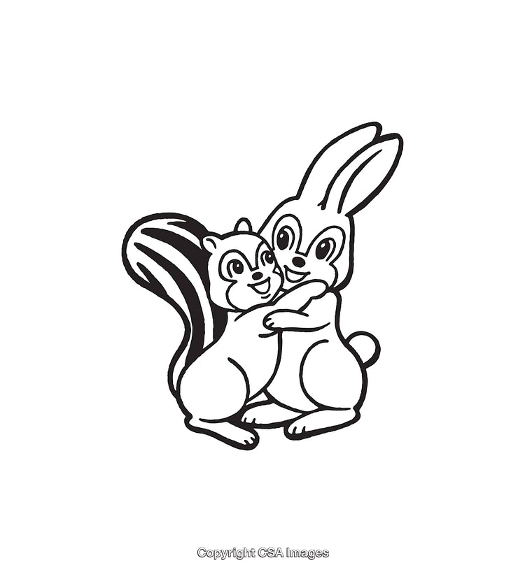 Cute Line Art of Rabbit and Squirrel Hugging in Friendship