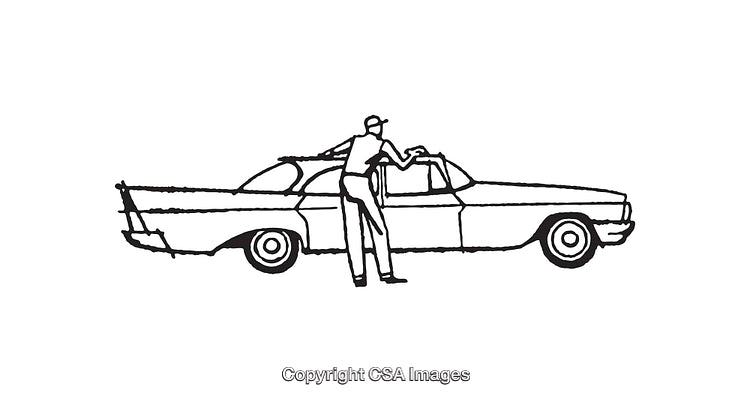 Vintage Black and White Line Art of a Man with a Classic Car
