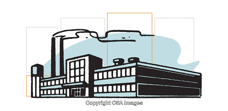 Illustrated Industrial Factory With Smokestacks and Modern Architectural Design