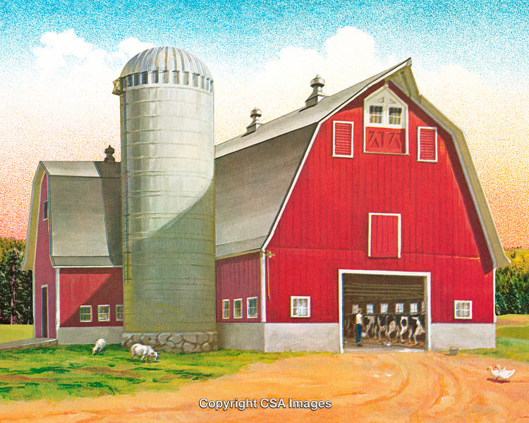 Red Barn on a Sunny Day With Silo and Animals Outside