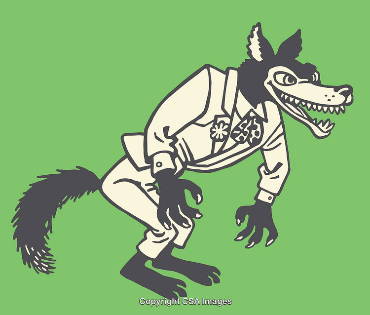 Vintage Illustration of a Well-Dressed Cartoon Wolf Character on Green Background