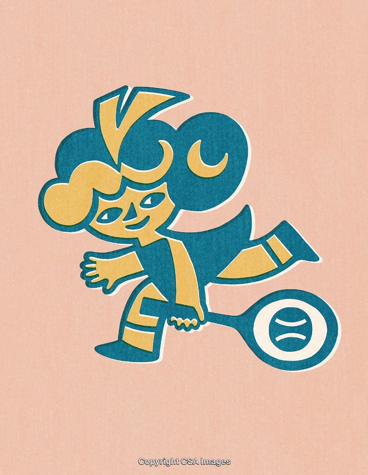 Whimsical Illustration of a Child Playing Tennis in Vintage Style