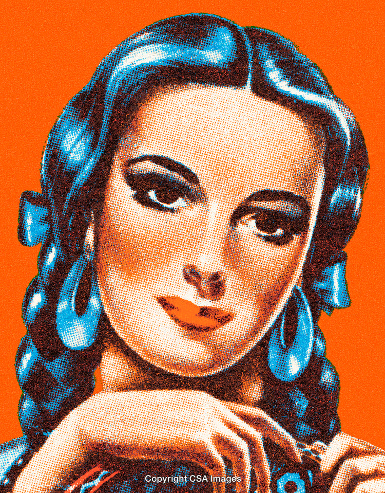 Colorful Retro Illustration of a Woman With Blue Hair and Earrings