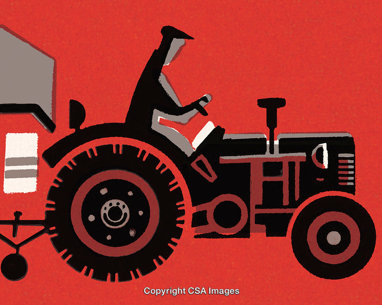 Illustrated Farmer Using a Tractor in Stylized Artwork on Red Background