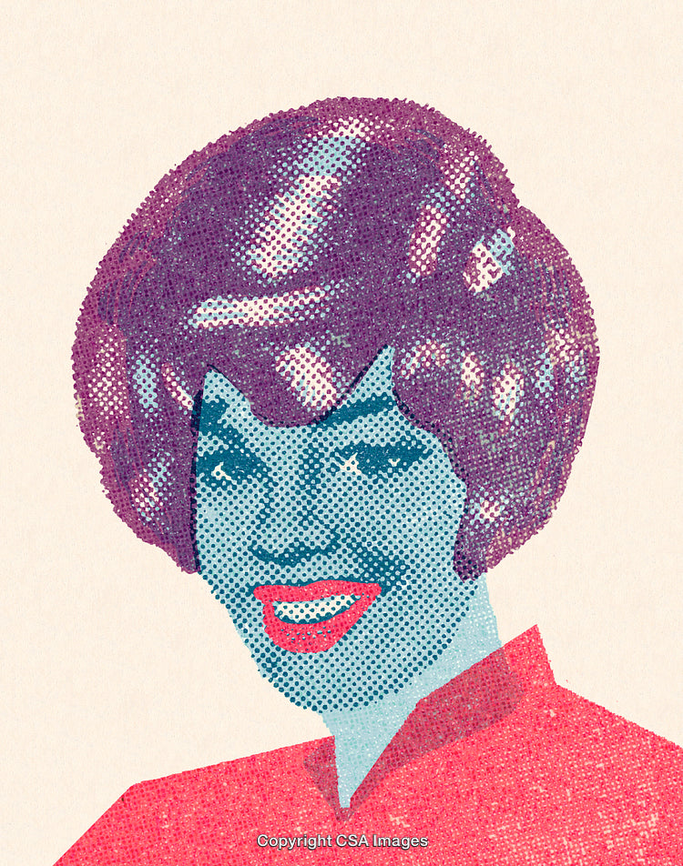 Retro Pop Art Portrait in Vibrant Halftone Style Depicting a Smiling Woman