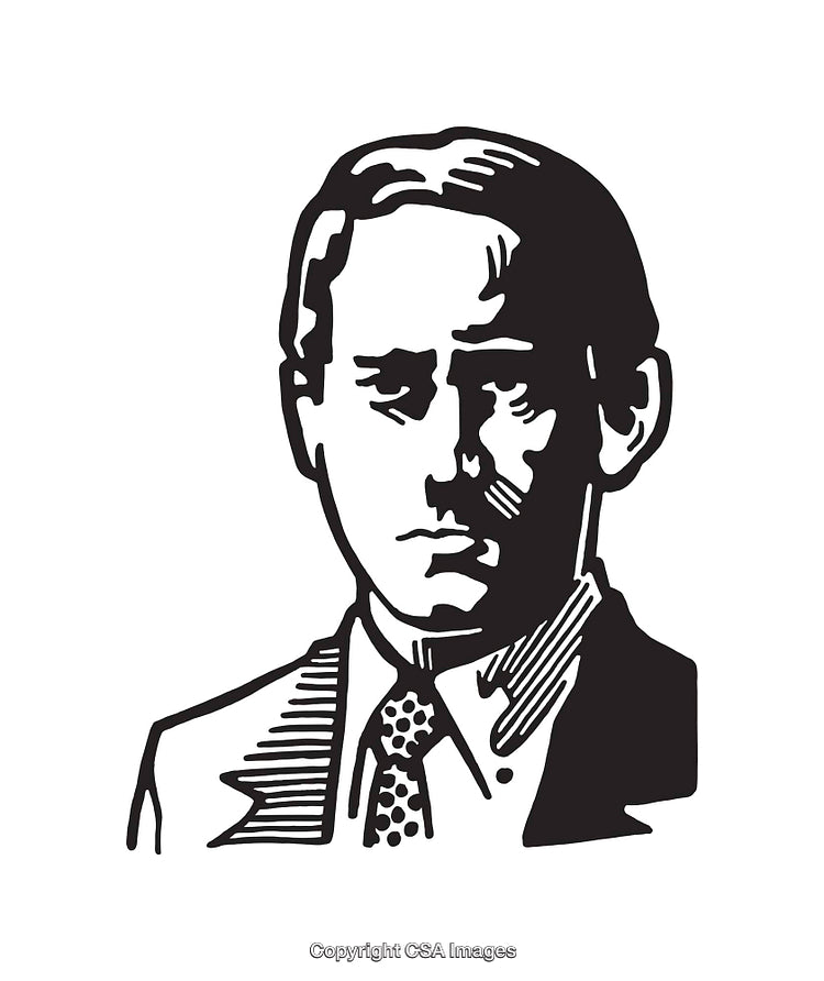 Black and White Line Art Illustration of a Man in a Suit and Tie