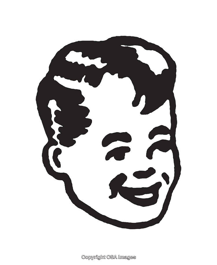 Retro Black And White Line Art of Smiling Child's Face Illustration