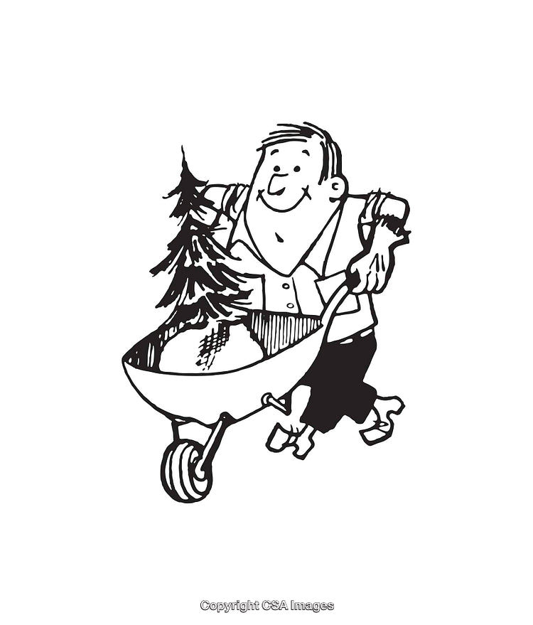 Smiling Cartoon Man Pushing a Wheelbarrow with Tree Drawing