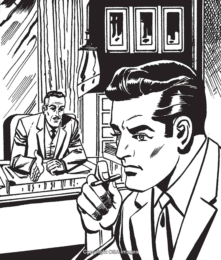 Vintage Black-and-White Illustration of Two Men in a Serious Business Discussion