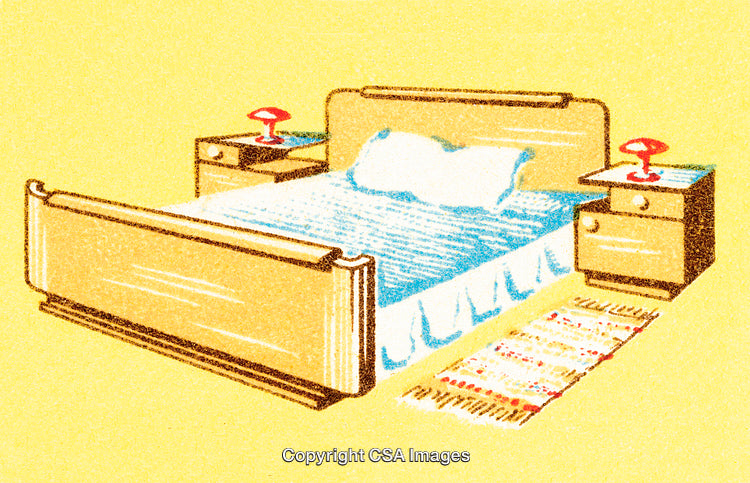 Vintage Illustration of a Cozy Bed and Furniture in Warm Yellow Tones