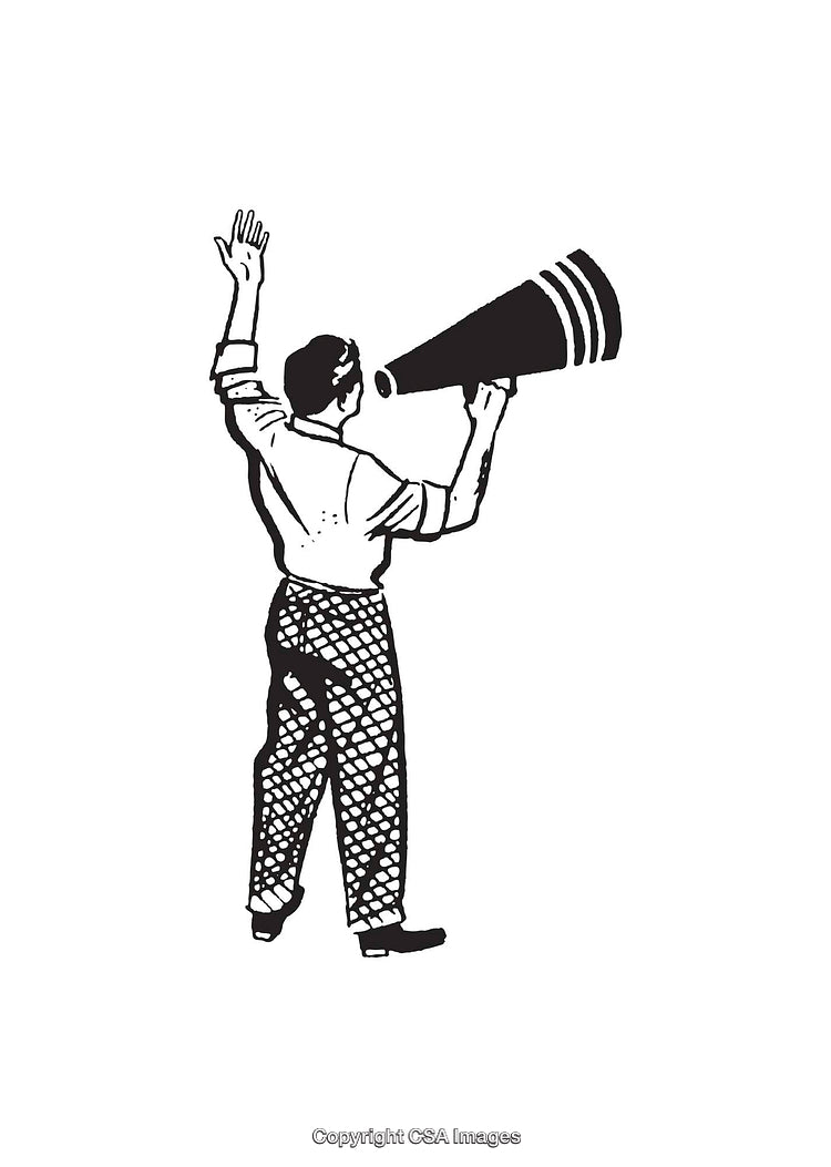 Black and White Line Art of Person with Megaphone in Action Pose