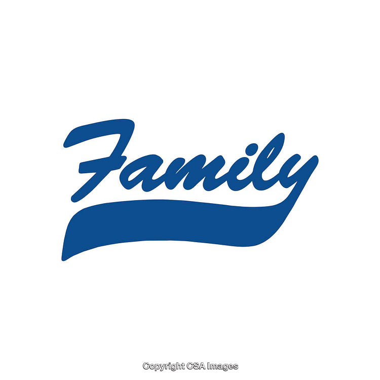 Stylized Blue Calligraphy of the Word Family on White Background