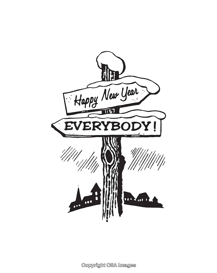 Black and White Signpost Wishing Everyone a Happy New Year