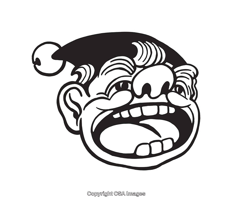 Black and White Illustration of a Laughing Character in a Festive Hat
