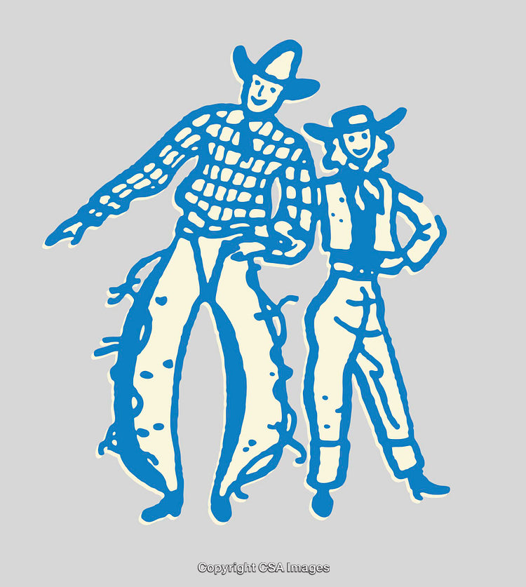 Cowboy and Cowgirl Western Line Art Illustration in Blue and White