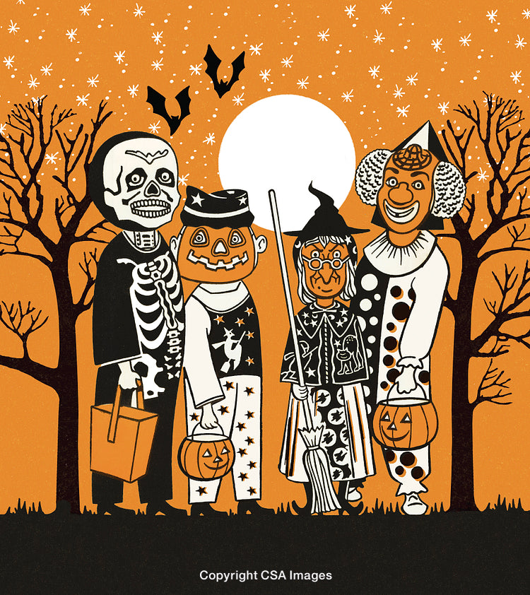 Vintage Halloween Illustration of Costumed Children Trick Or Treating at Night