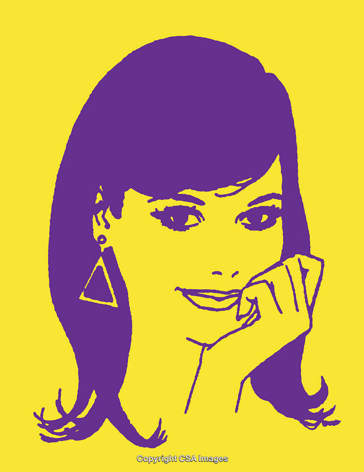 Bright Yellow and Violet Retro Styled Line Art Illustration of a Woman