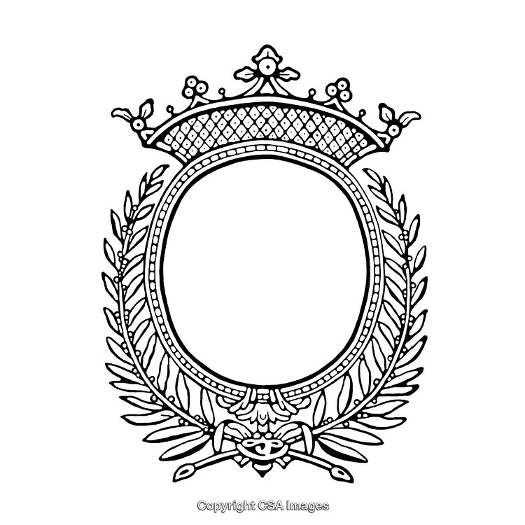 Intricate Black and White Crown Design with Decorative Border Elements