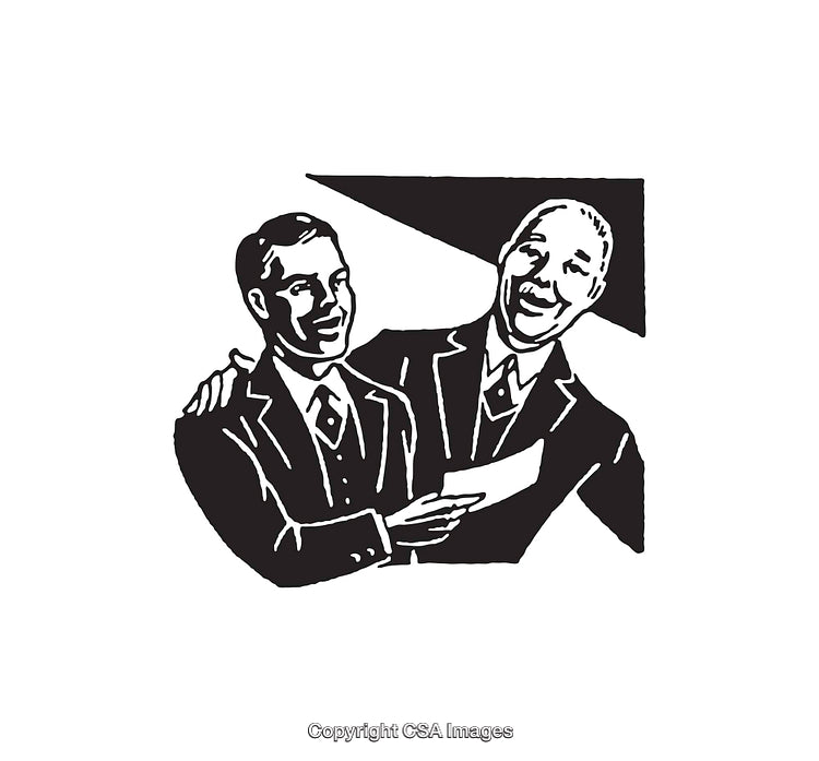 Black and White Line Art of Two Smiling Men Interacting