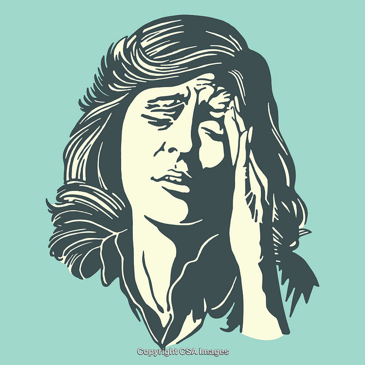Line Art Illustration of a Woman Holding Her Head in Distress