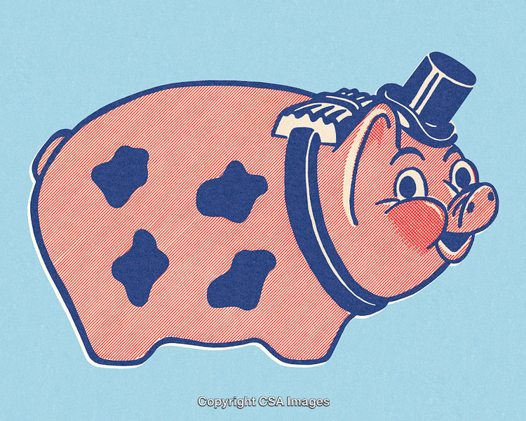 Retro Styled Illustration of a Cheerful Piggy Bank Wearing a Top Hat