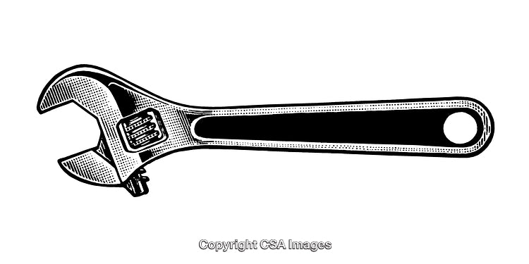 Detailed Black and White Engraving of an Adjustable Wrench