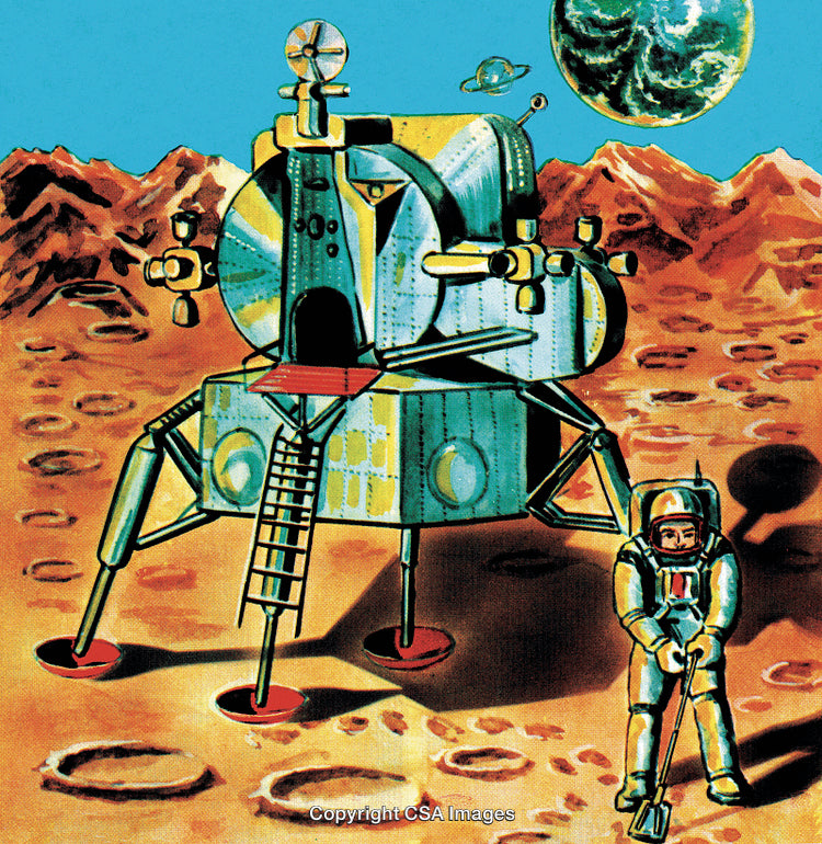 Astronaut Exploring Lunar Surface Near Spacecraft in Alien Landscape