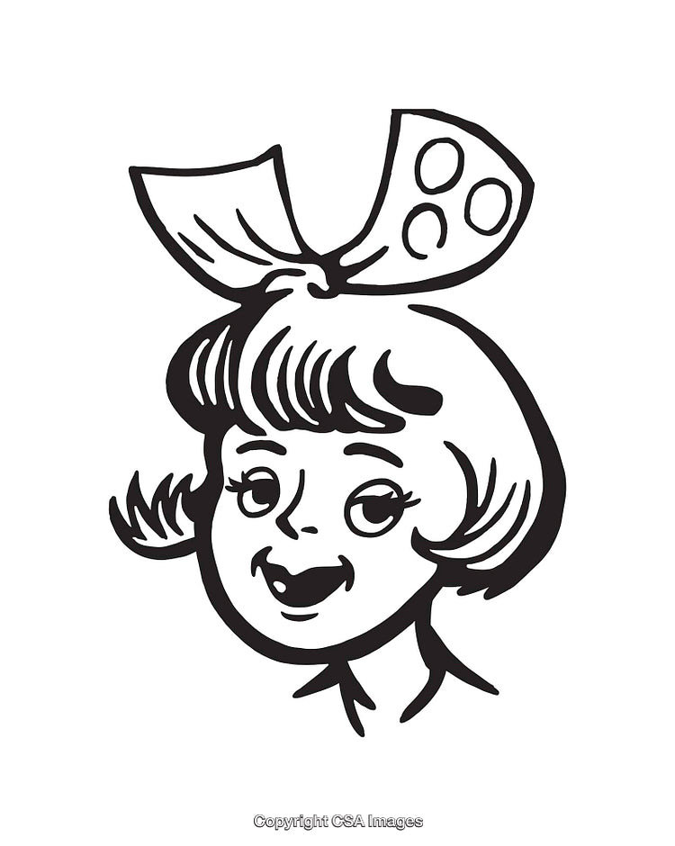 Smiling Girl Line Art with Bow in Black and White Illustration