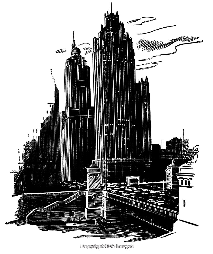 Detailed Black and White Skyscraper Engraving with Urban Bridge Scene