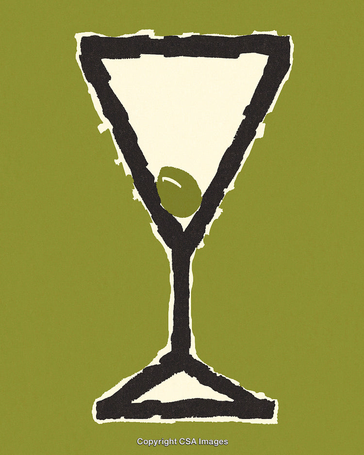 Stylized Martini Glass with Olive on Green Background
