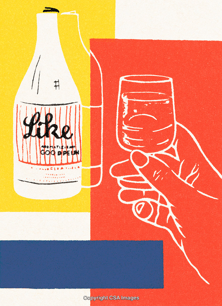 Colorful Illustration of Hand Holding Glass with Bottle in Background