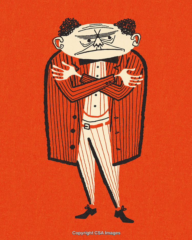 Frustrated Cartoon Man in Striped Outfit on Orange Background