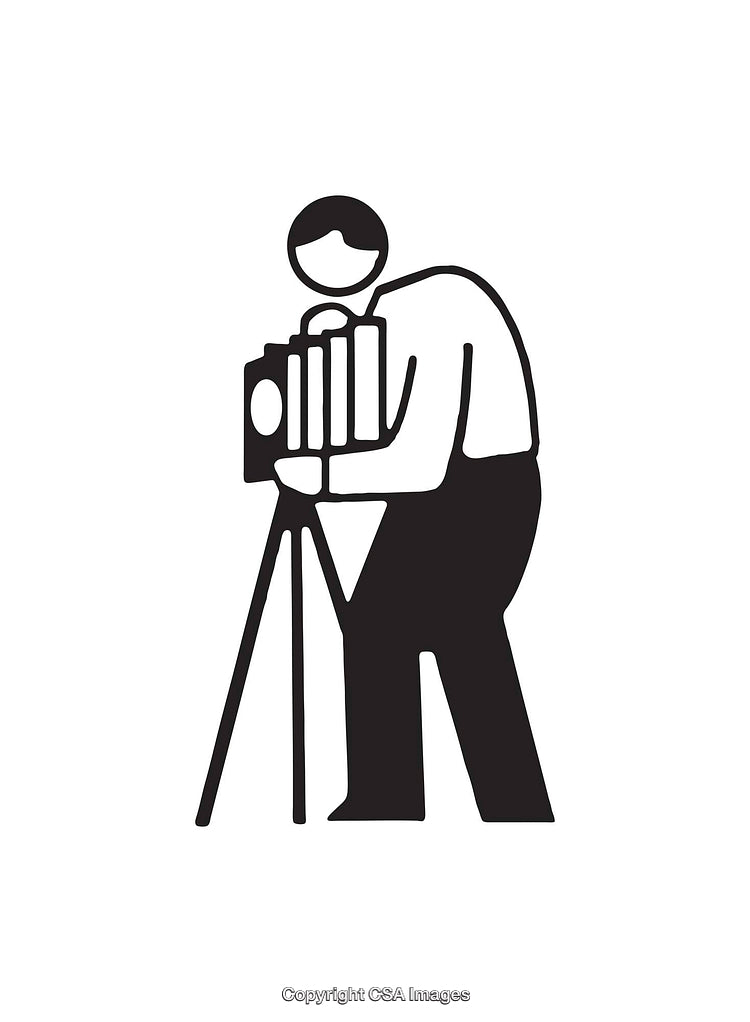 Black and White Icon of a Photographer Using a Vintage Camera on Tripod