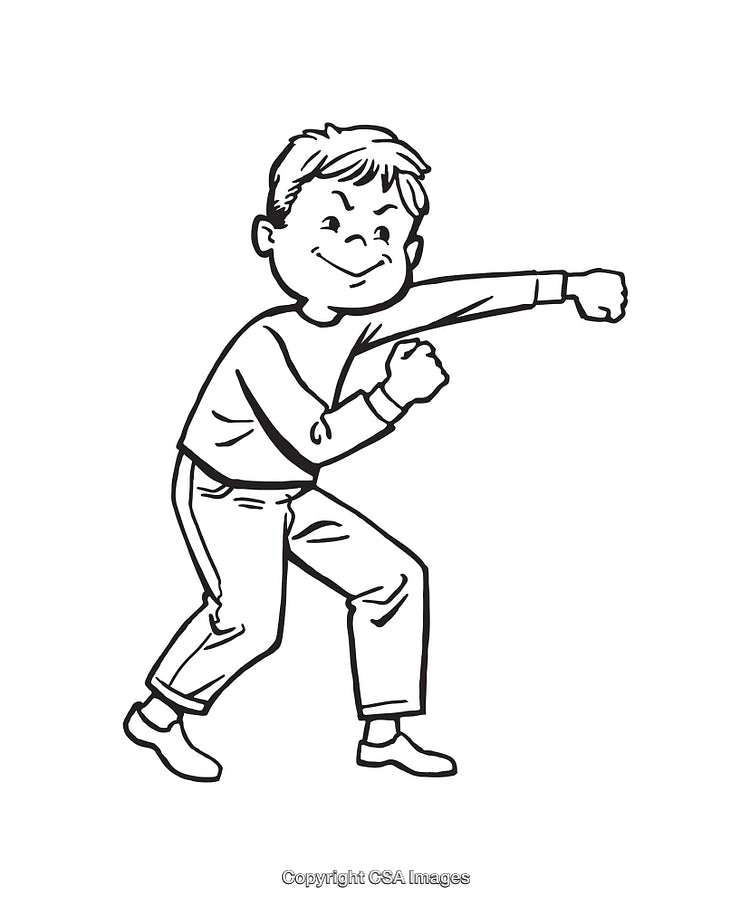 Black and White Line Art of a Boy Playfully Punching Forward