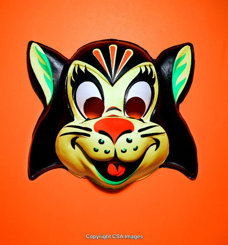 Retro Cat Mask Against Bright Orange Background for Theme Celebrations
