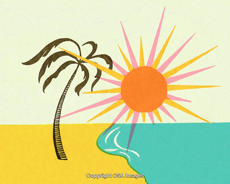 Retro Styled Beach Scene with Palm Tree and Vibrant Sunburst Design