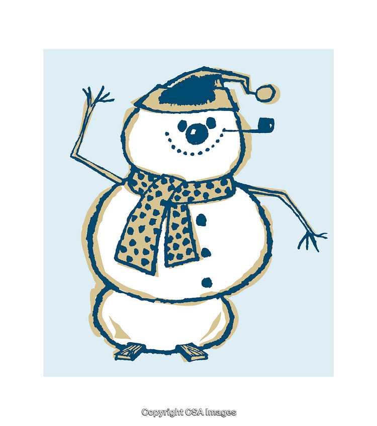 Cheerful Hand-Drawn Snowman Illustration in Scarf and Winter Hat
