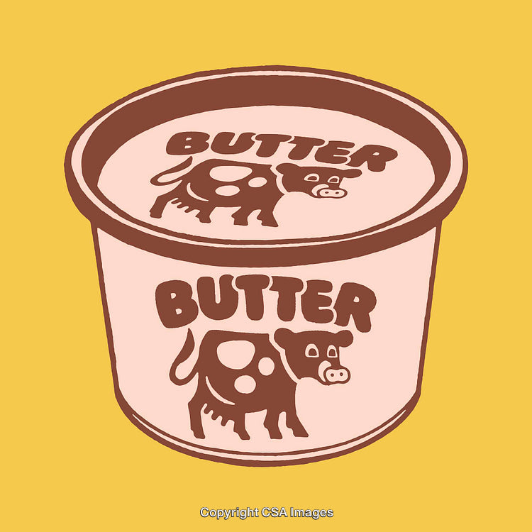 Retro Styled Butter Container with Cow Illustration on Yellow Background