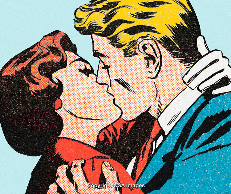Colorful Comic Style Illustration of a Romantic Couple Sharing a Kiss