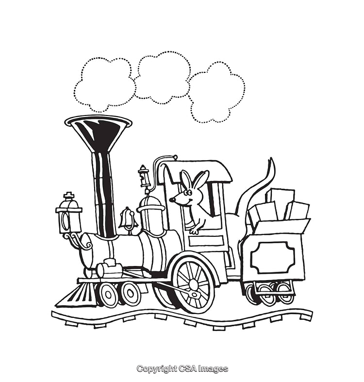 Kangaroo Riding a Steam Engine Train in Black and White Line Art