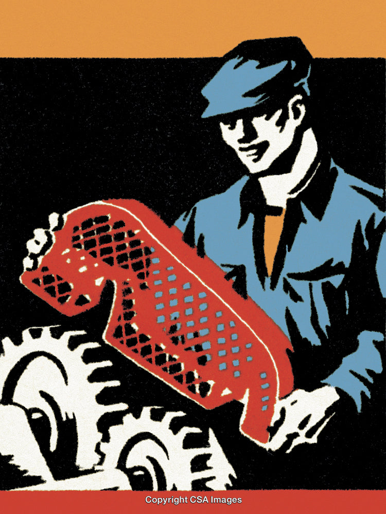 Retro Illustration of Mechanic Holding Machine Part with Industrial Elements