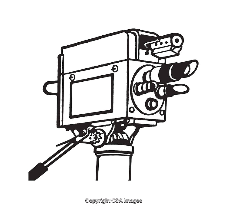 Black and White Illustration of a Vintage Movie Camera on a Tripod