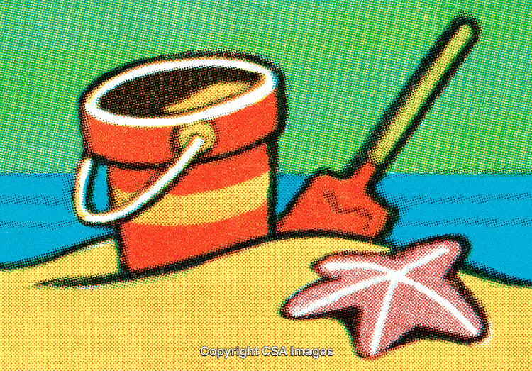 Bright Beach Illustration Featuring a Sand Pail, Starfish, and Shovel
