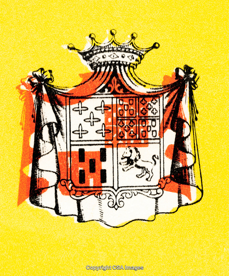Illustrated Regal Coat of Arms on Bold Yellow Background