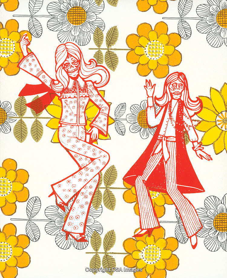 Retro Floral Patterns with Dancing Skeleton Characters in Vibrant Yellow and Red